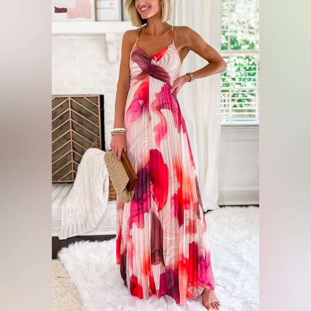 Express Pink and Red Watercolor Maxi Dress